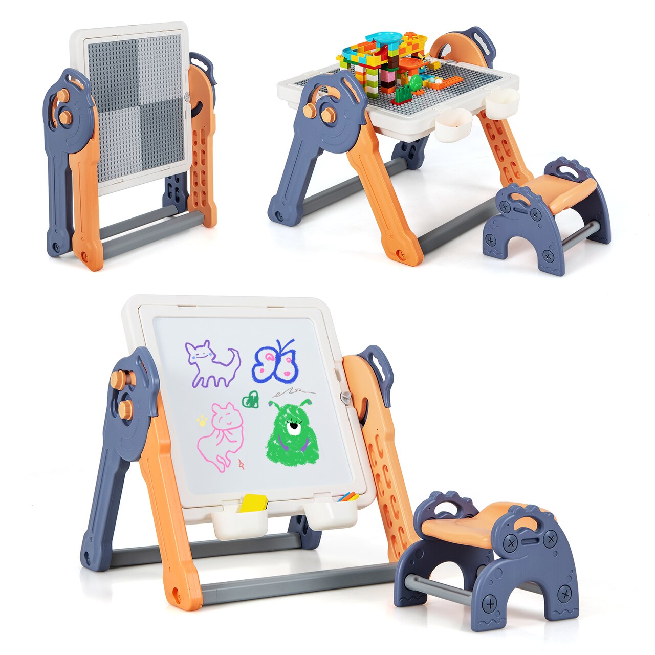 6-In-1 Folding Kids Art Easel with Reversible Building Block Tabletop Ideal Gift for Kids